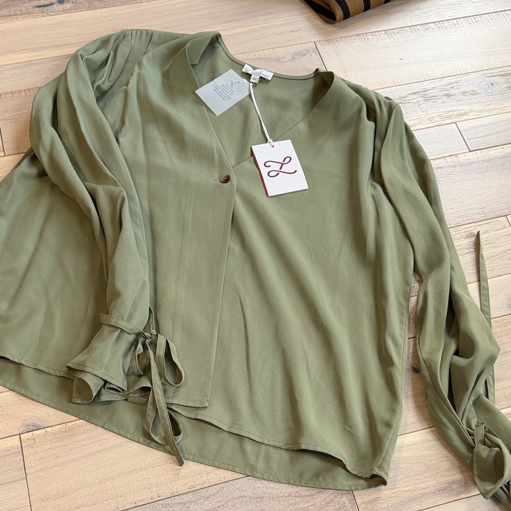 L'Academie Sage Green Blouse with Tie Sleeves
